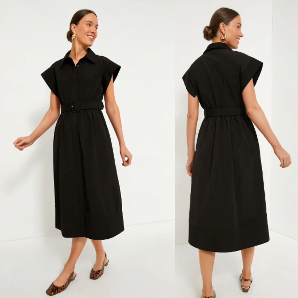 Tuckernuck Chloe Midi Dress Black Size Large Short Sleeve Belted Women's NWT